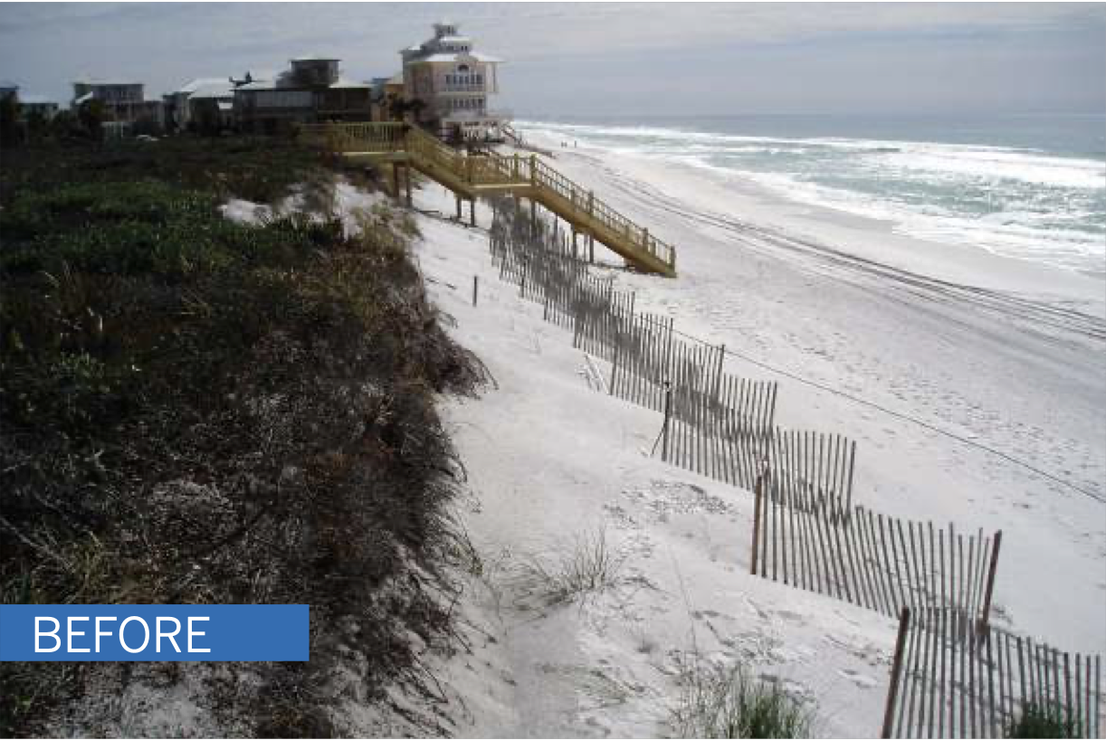 A sand fence installation accretes sand along a steep slope in Walton County, Florida